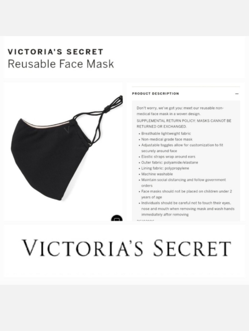 Victoria's secret reusable face mask BLACK